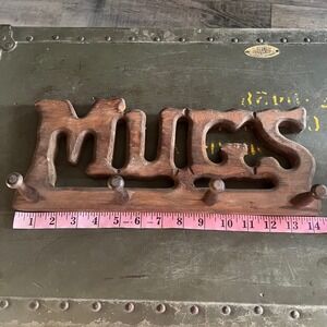 Vintage Rustic Wood Carved MUGS Wall Hanging Rack 4 Peg Coffee Cup Holder Brown